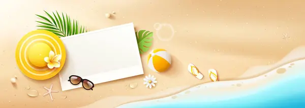 सफेद कागज अंतरिक्ष, ग्रीष्मकालीन पीला टोपी, समुद्र तट गेंद, नारियल पत्ती, धूप का चश्मा, फ्लिप फ्लॉप, रेत समुद्र तट पृष्ठभूमि बैनर डिजाइन पर, ईपीएस 10 वेक्टर चित्रण स्टॉक वेक्टर