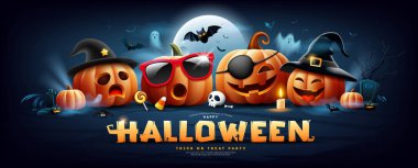 Mutlu Cadılar Bayramı metin tasarımı, balkabağı karakteri çete aksiyon yüzü, hayalet, yarasa uçuşu, mum, ay gecesi, koyu mavi arka planda pankart tasarımı, Eps 10 vektör illüstrasyonu