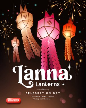 Lanna fenerleri ve yi peng fenerleri thailand festivali, renkli kağıt fener tarzı ve gece poster arka planında havai fişek, Eps 10 vektör çizimi