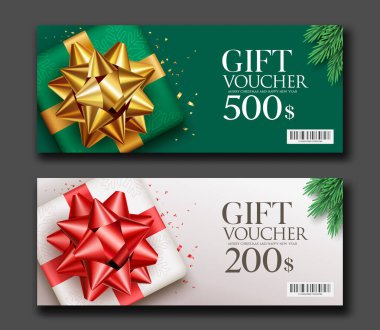 Hediye çeki, altın ve kırmızı kurdele ve çam yaprakları koleksiyon afiş tasarımı siyah arkaplan, EPS 10 vektör illüstrasyonu