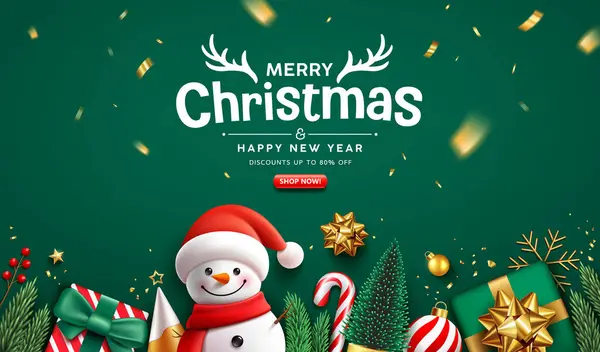 Mutlu noeller ve mutlu yeni yıl indirimi süsleri, kardan adam ve altın kurdele tebrik kartı tasarımı yeşil arka planda, Eps 10 vektör illüstrasyonu