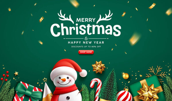 Feliz Navidad Feliz Año Nuevo Venta Ornamentos Muñeco Nieve Cinta — Vector de stock