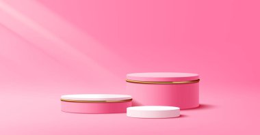Podyum sahne pembe ve altın rengi üç podyum, yandan parlayan ışık, pembe arka planda pankart tasarımı, Eps 10 vektör illüstrasyonu