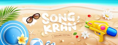 Songkran festivali su tabancası Tayland, Mavi kadın şapkası, su damlası, hindistan cevizi yaprağı, kumsal tasarım afişi, Eps 10 vektör illüstrasyon