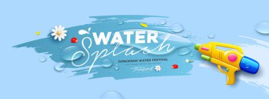 Songkran su festivali Tayland, silah suyu sıçraması, afiş tasarımı mavi arkaplan, EPS10 vektör illüstrasyonu