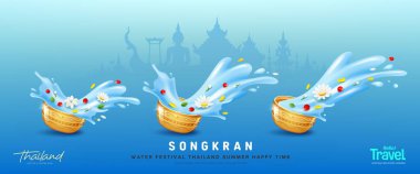 Songkran su festivali Tayland, su kabındaki çiçekler sıçrama, mavi arka planda pankart tasarım koleksiyonları, EPS 10 vektör illüstrasyonu 
