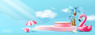 Yaz podyumu görüntüsü, pembe flamingo şişirilebilir kauçuk halka, hindistan cevizi ağaçları, mavi ve pembe arkaplan pankartı dizaynlı plaj şemsiyesi, EPS 10 vektör illüstrasyonu