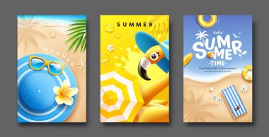 Yaz poster koleksiyonları, sarı ve mavi konsept tasarım üç stlye arkaplan, Vektör illüstrasyon
