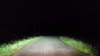 Gece kırsal kesimde araba kullanmak. Ön cam ve gerçek zamanlı bakış açısı.