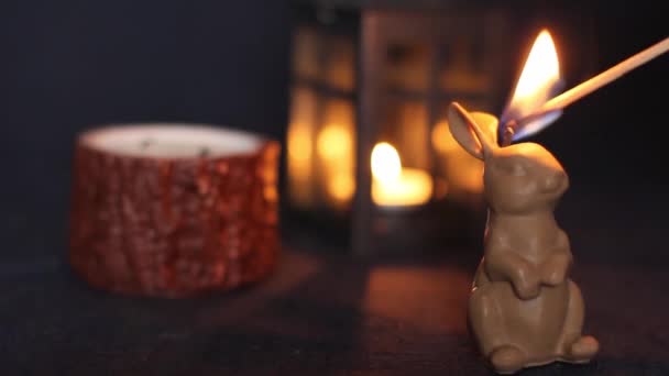 ロウソクを灯して ウサギの形をした燃えるろうそく 休日の到来 美しい手作りのキャンドル 家の中の居心地の良い雰囲気 背景ビデオ — ストック動画