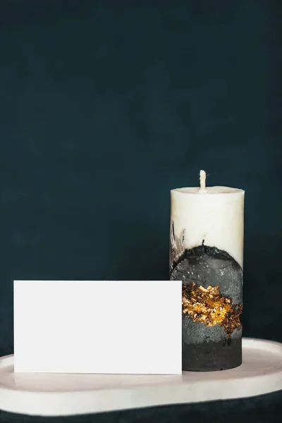Incredibly Beautiful Candle Clean Background Handmade Wax Concrete Candle Gilding — Stock Photo, Image