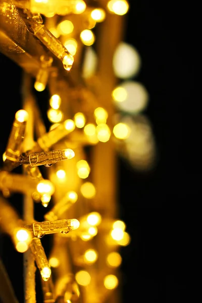 Bright festive lights close up. Lights on a dark background
