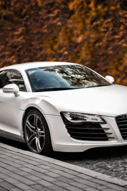 Kyiv, Ukrayna - 11 Eylül 2011: Yapraklı ağaçların arka planında güzel beyaz süper araba Audi R8
