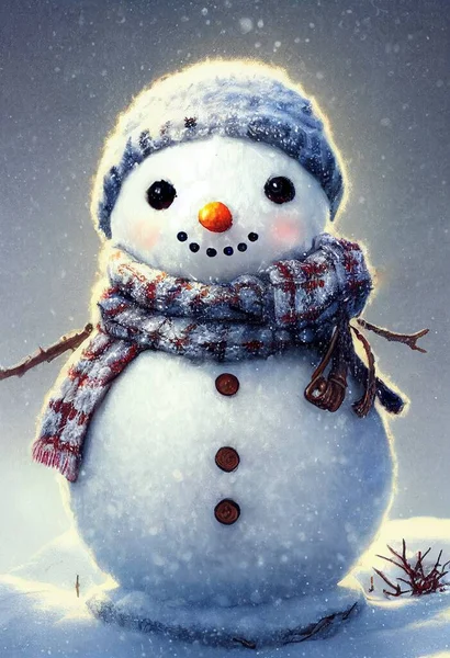 Snowman christmas illustration. Happy, adorable, cute character. Winter holidays,happy new year character. Fantasy outdoor snowy scenery background. Digital art and 3d style.