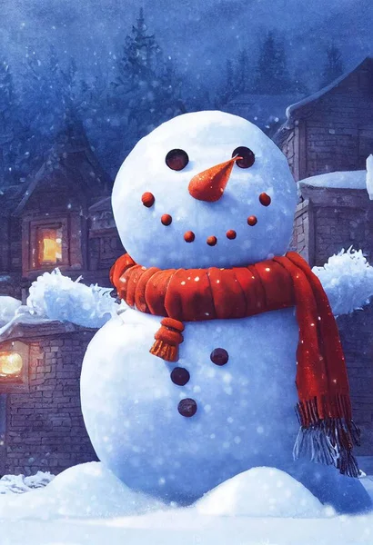 Snowman christmas illustration. Happy, adorable, cute character. Winter holidays,happy new year character. Fantasy outdoor snowy scenery background. Digital art and 3d style.