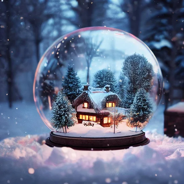 Shiny Christmas Tree With House In Snow Globe On Snow With Golden Lights. Christmas tree on backgorund with bokeh