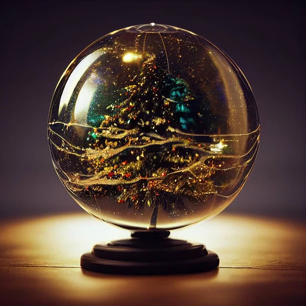 Shiny Christmas Tree In Snow Globe On Snow With Golden Lights. Christmas tree on backgorund with bokeh