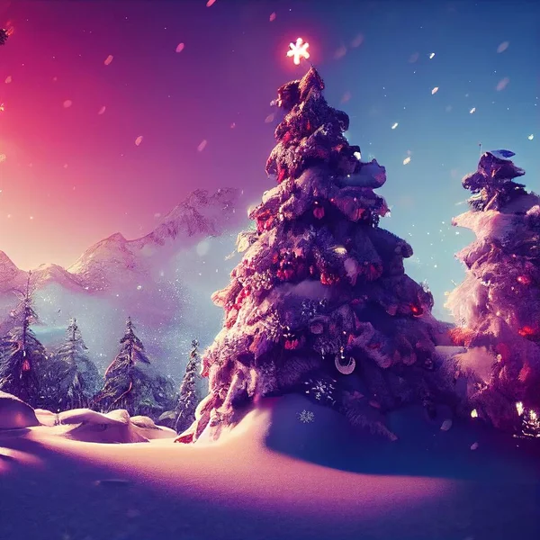 Digital illustration of magic christmas tree against snowy landscape with fir trees and shining stars in the sky background.