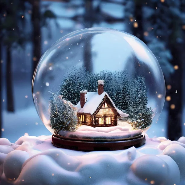 Shiny Christmas Tree With House In Snow Globe On Snow With Golden Lights. Christmas tree on backgorund with bokeh