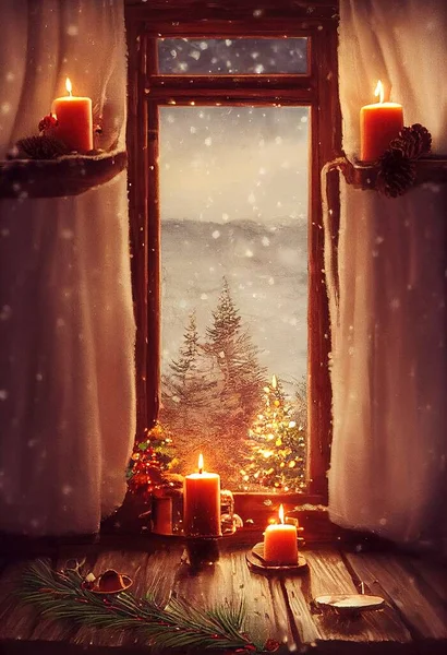 Christmas room with decorations on a winter holiday window. Frozen evening window, garlands, lanterns, Christmas tree. Holiday and fun atmosphere. Dark festive interior. 3D illustration.