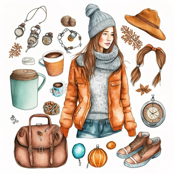 Christmas decorations. Young woman wearing warm sweater, jacket, mittens, beanie, and scarf. Concept enjoying winter mood, Christmas holiday.