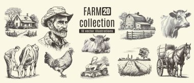 Rural meadow or countryside farm set. A village landscape with cows, goats, and lamb, hills, and a farm.