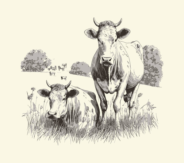 Cow portrait sketch hand drawn Farming and cattle breeding Vector illustration.