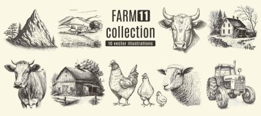 Rural meadow or countryside farm set. A village landscape with cows, goats and lamb, hills and a farm.