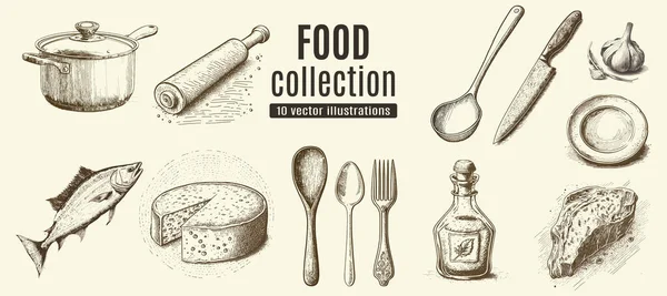 Big Collection Hand Drawn Food — Stock Vector