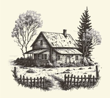 Kırsal kesimlerde, yol oymacılığı çizim stili resimli bir ev. Eski tarz. Vektör biçimi