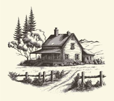 Kırsal kesimlerde, yol oymacılığı çizim stili resimli bir ev. Eski tarz. Vektör biçimi