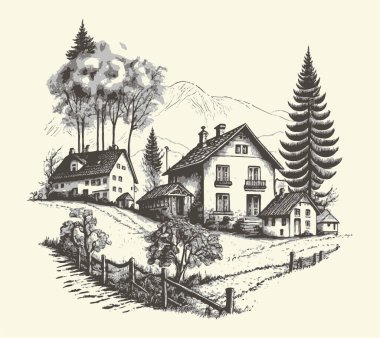Kırsal kesimlerde, yol oymacılığı çizim stili resimli bir ev. Eski tarz. Vektör biçimi