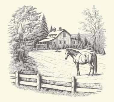 Kırsal kesimlerde, yol oymacılığı çizim stili resimli bir ev. Eski tarz. Vektör biçimi