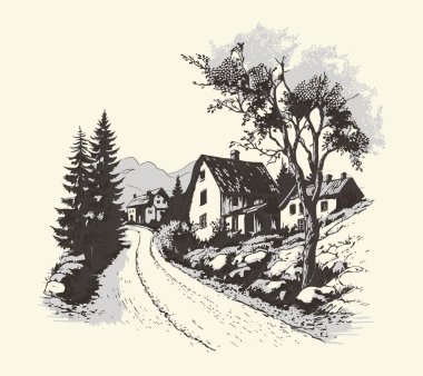 Kırsal kesimlerde, yol oymacılığı çizim stili resimli bir ev. Eski tarz. Vektör biçimi