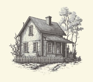 Kırsal kesimlerde, yol oymacılığı çizim stili resimli bir ev. Eski tarz. Vektör biçimi
