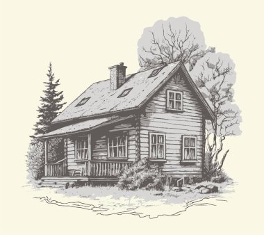 Kırsal kesimlerde, yol oymacılığı çizim stili resimli bir ev. Eski tarz. Vektör biçimi