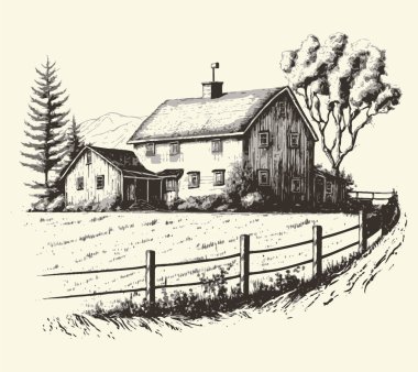 Kırsal kesimlerde, yol oymacılığı çizim stili resimli bir ev. Eski tarz. Vektör biçimi
