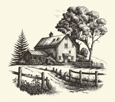 Kırsal kesimlerde, yol oymacılığı çizim stili resimli bir ev. Eski tarz. Vektör biçimi