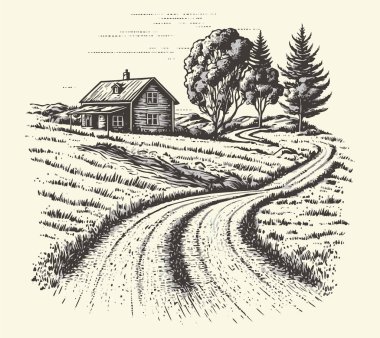 Kırsal kesimlerde, yol oymacılığı çizim stili resimli bir ev. Eski tarz. Vektör biçimi