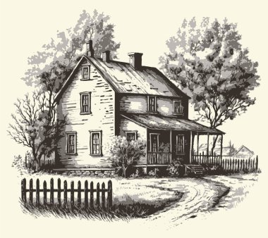 Kırsal kesimlerde, yol oymacılığı çizim stili resimli bir ev. Eski tarz. Vektör biçimi