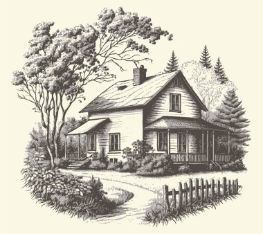 Kırsal kesimlerde, yol oymacılığı çizim stili resimli bir ev. Eski tarz. Vektör biçimi