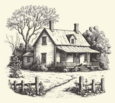 Kırsal kesimlerde, yol oymacılığı çizim stili resimli bir ev. Eski tarz. Vektör biçimi