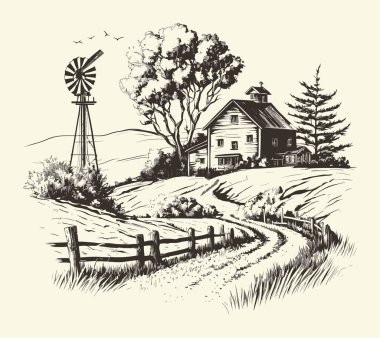 Kırsal kesimlerde, yol oymacılığı çizim stili resimli bir ev. Eski tarz. Vektör biçimi