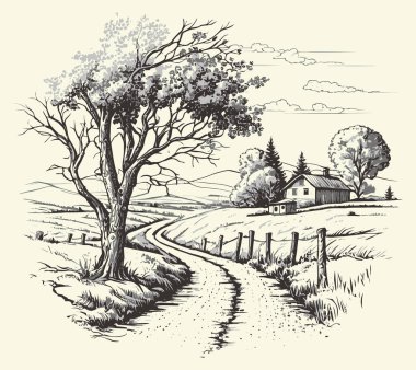 Kırsal kesimlerde, yol oymacılığı çizim stili resimli bir ev. Eski tarz. Vektör biçimi