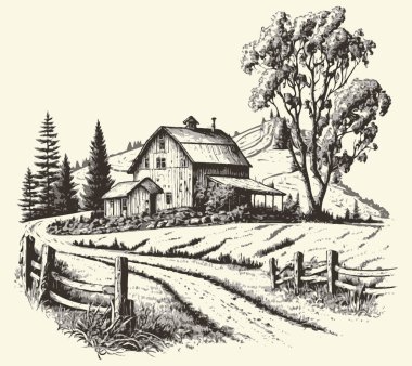 Kırsal kesimlerde, yol oymacılığı çizim stili resimli bir ev. Eski tarz. Vektör biçimi