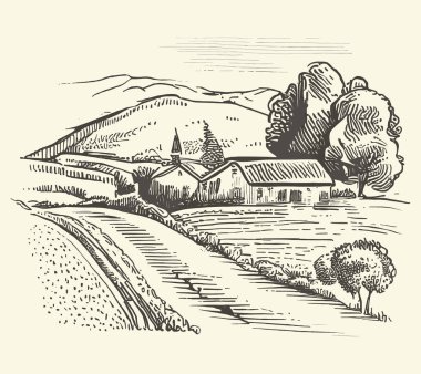 Kırsal kesimlerde, yol oymacılığı çizim stili resimli bir ev. Eski tarz. Vektör biçimi