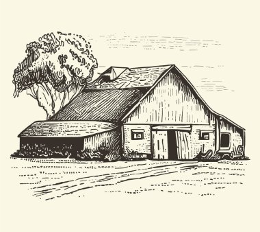 Kırsal kesimlerde, yol oymacılığı çizim stili resimli bir ev. Eski tarz. Vektör biçimi
