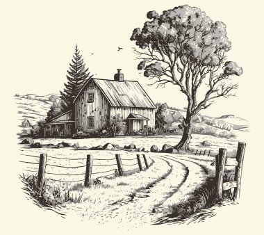 Kırsal kesimlerde, yol oymacılığı çizim stili resimli bir ev. Eski tarz. Vektör biçimi