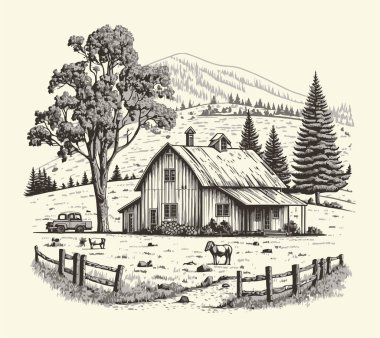 Kırsal kesimlerde, yol oymacılığı çizim stili resimli bir ev. Eski tarz. Vektör biçimi