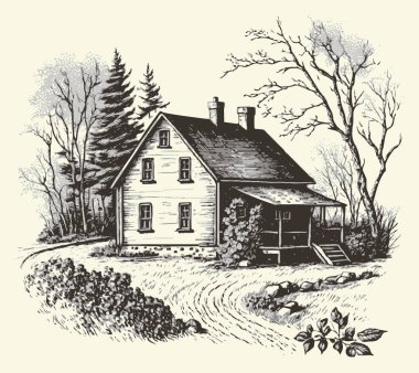 Kırsal kesimlerde, yol oymacılığı çizim stili resimli bir ev. Eski tarz. Vektör biçimi